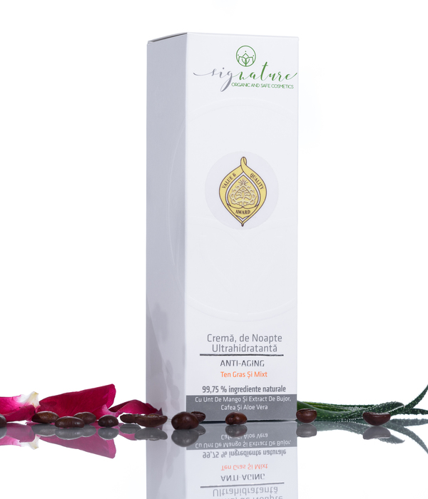 Feuchtigkeitsspendende Nachtcreme für fettige und gemischte Haut mit Mangobutter, Pfingstrosenextrakt, Kaffee und Aloe Vera - 50 ml 