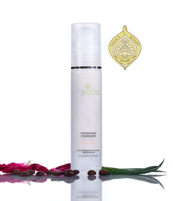 Feuchtigkeitsspendende Nachtcreme für fettige und gemischte Haut mit Mangobutter, Pfingstrosenextrakt, Kaffee und Aloe Vera - 50 ml 
