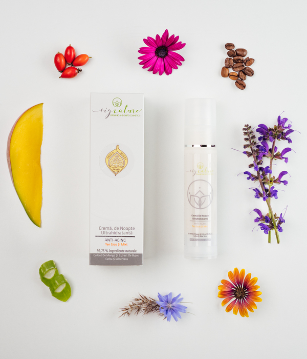 Feuchtigkeitsspendende Nachtcreme für fettige und gemischte Haut mit Mangobutter, Pfingstrosenextrakt, Kaffee und Aloe Vera - 50 ml 
